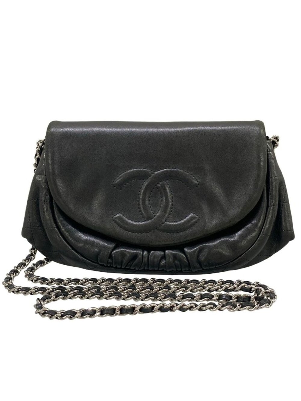 Chanel Wallet Half Moon Black Chain Silver Lambskin Shoulder Bag